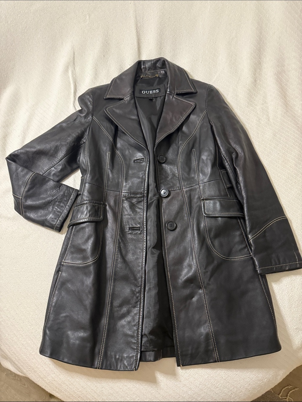 GUESS Women’s Black Leather Button-Front Coat